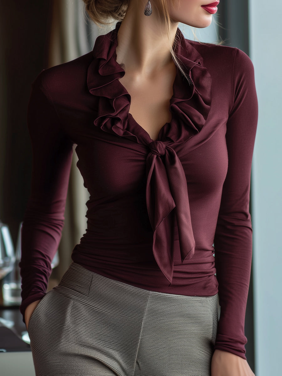 Burgundy Ruffled Tie-Neck Long Sleeve Top