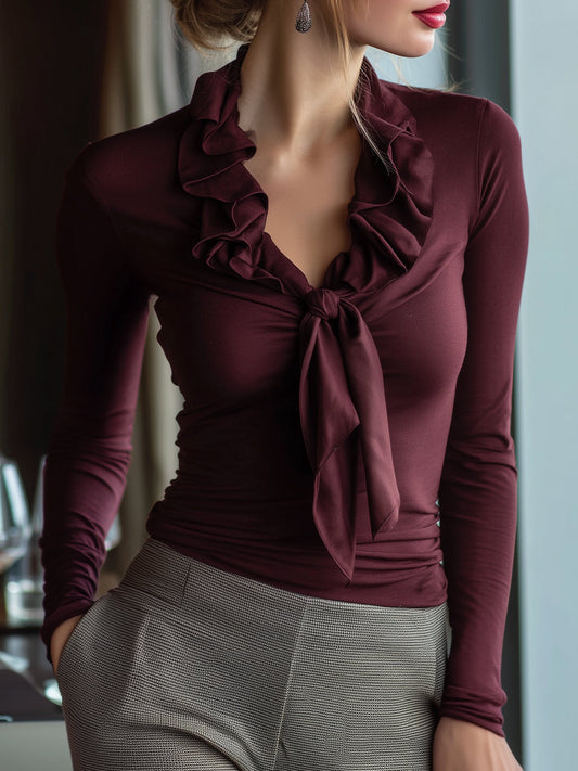 Burgundy Ruffled Tie-Neck Long Sleeve Top
