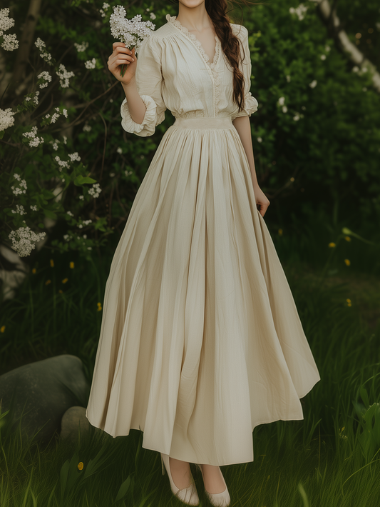 Linen Maxi Dress, Long Sleeves, Lace Collar,  Plain, Tea Party, Apricot