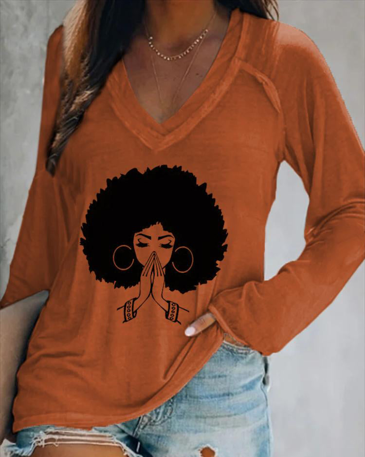 V-neck Afro Girl Making A Wish Long Sleeve T-shirt