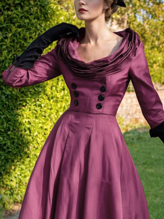 Midi Cotton Dress, Half Sleeve, Round Neck, Plain, Button Design, Vintage, Deep Purple