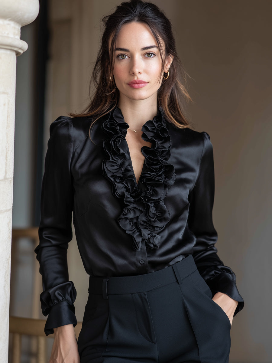 Black Satin Ruffled V-Neck Long Sleeve Blouse