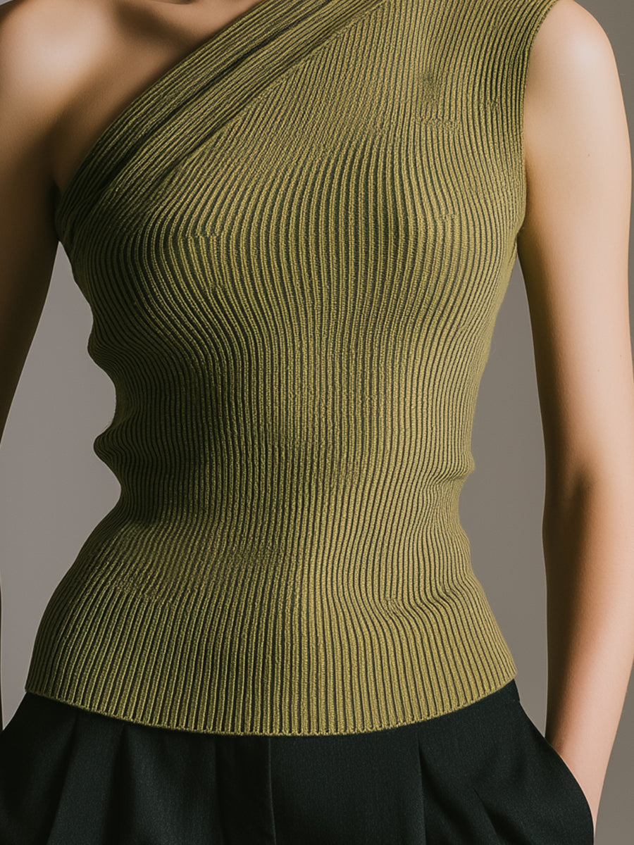 Olive One-Shoulder Ribbed Knit Top