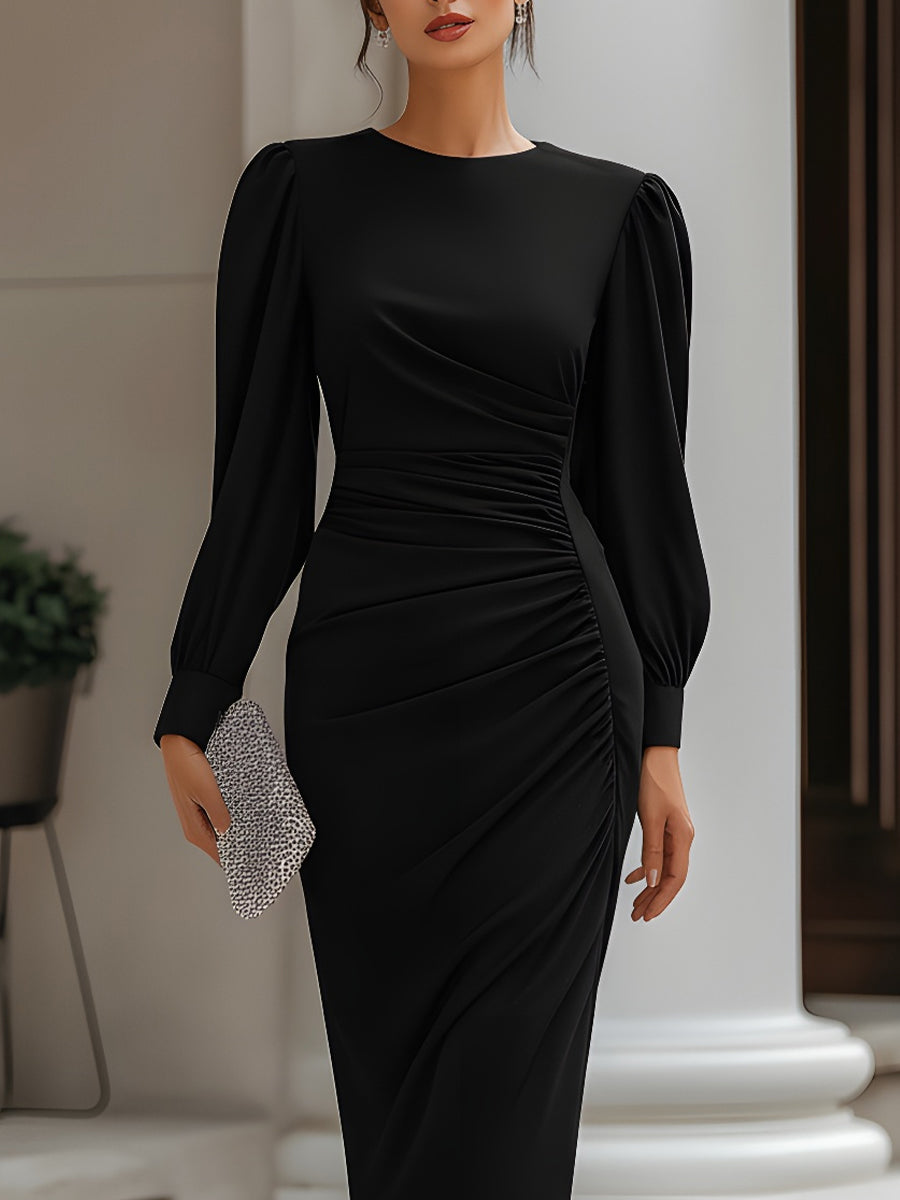Ruched Waist Puff Sleeve Midi Dress