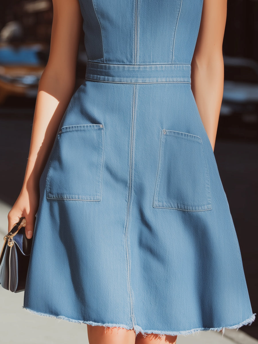 Light Blue Frayed Denim Fit-and-Flare Dress