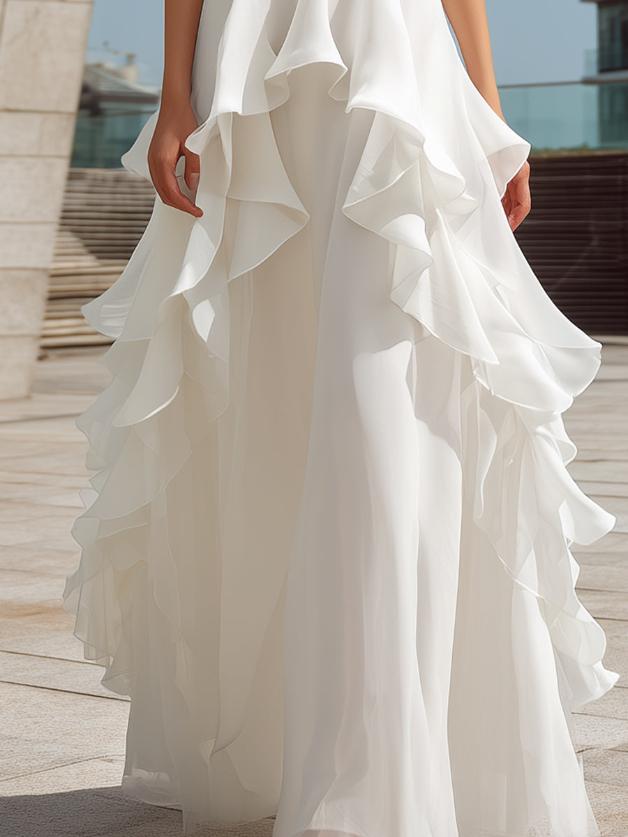 White Halter Layered Ruffle Maxi Dress