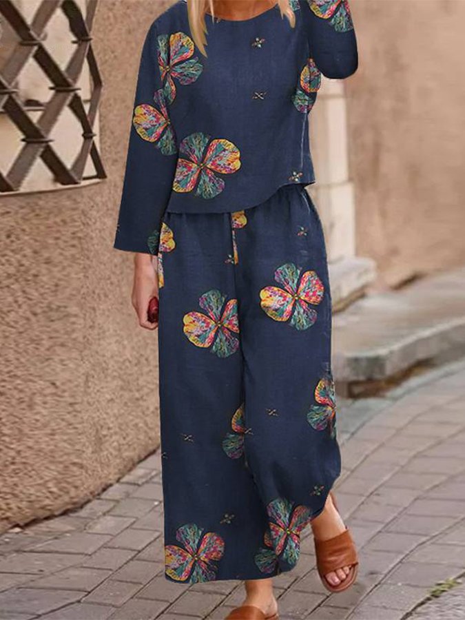 women's Vintage Flower Print Two-piece Set Suit