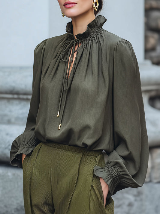 Elegant  Tie-Neck Blouse With Ruffled Collar