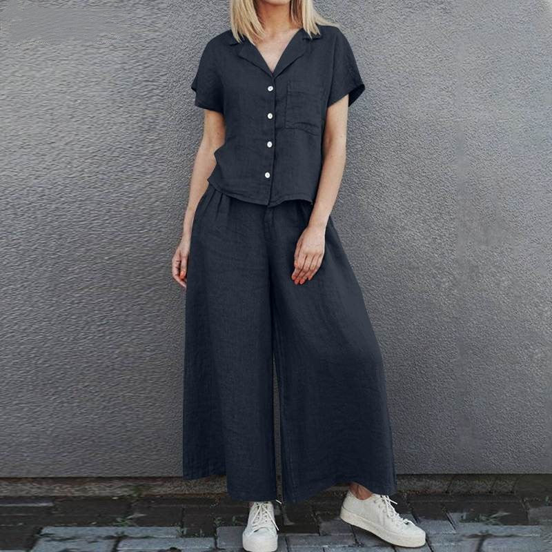 Plus Size Lapel Short Sleeve Shirt High Waist Loose Trousers Two-Piece Suit