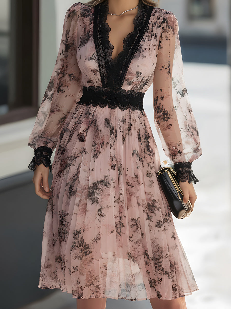 Lace-Trimmed Floral Pleated Midi Dress
