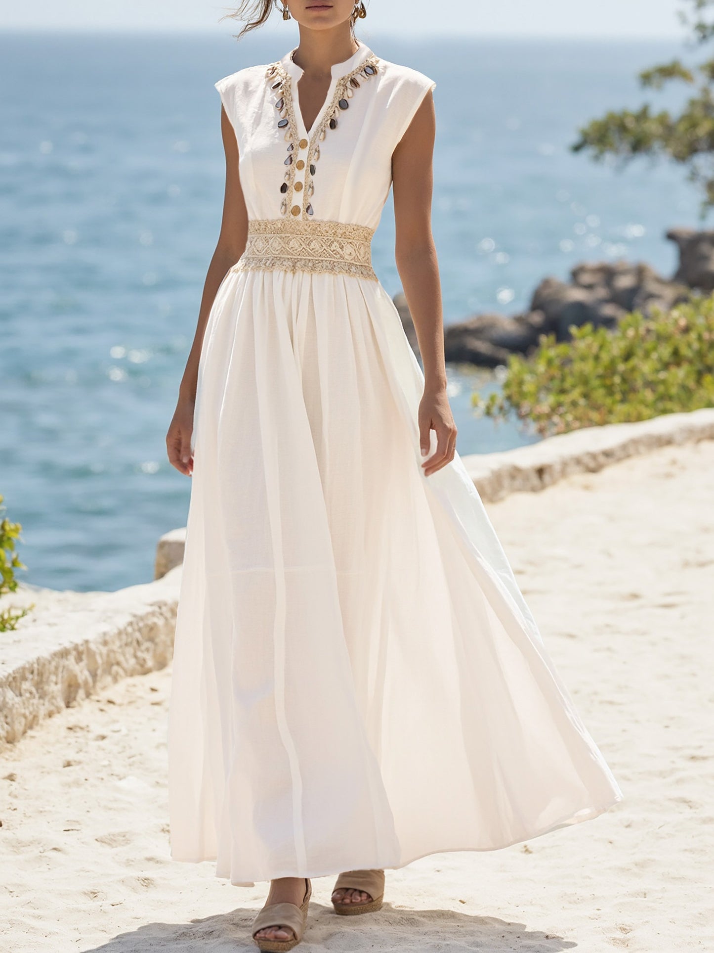 Maxi Linen Dress , Cap Sleeves, V Neck, Plain, Lace, Vintage, White