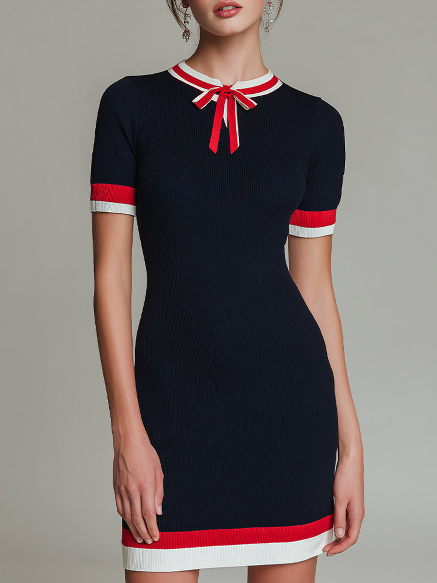 Elegant Ribbed Knit Mini Dress With Contrast Trim Bow