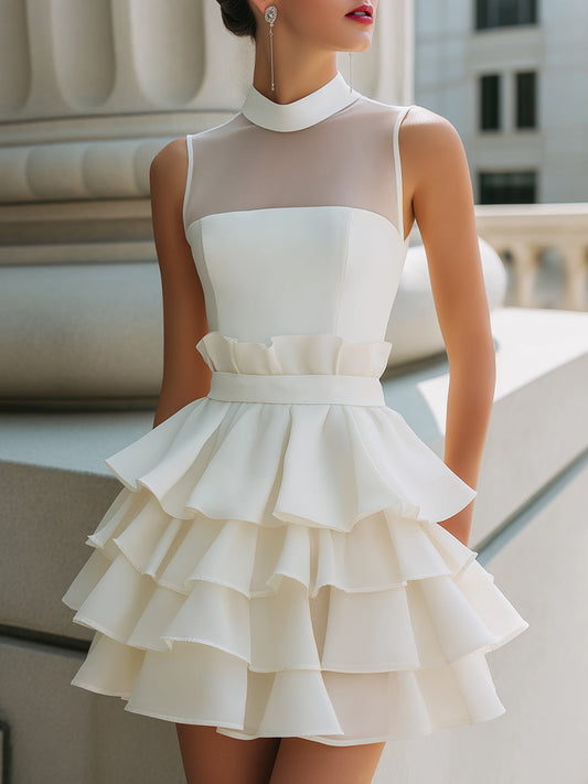 High-Neck Sheer Yoke Tiered Ruffle Mini Dress