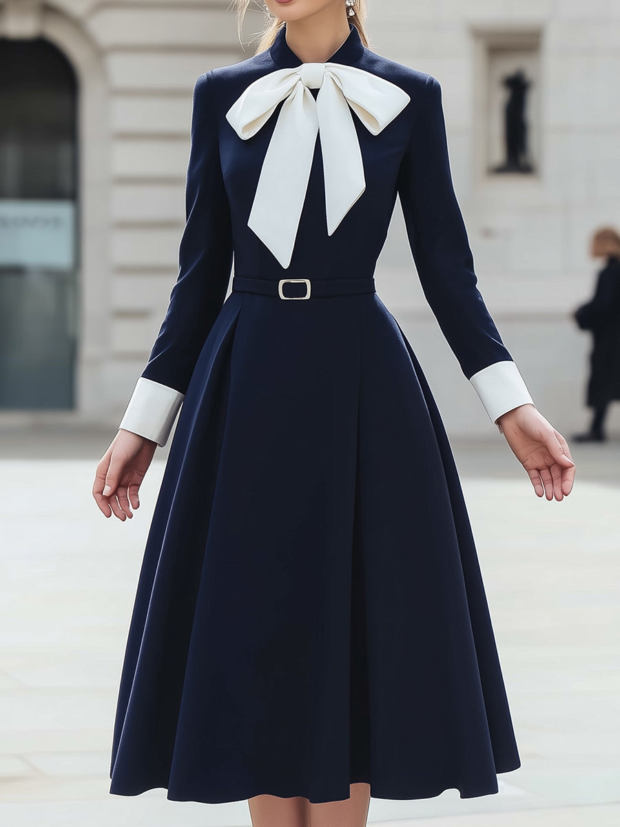 Belted Bow-Neck Long Sleeve A-Line Midi Dress