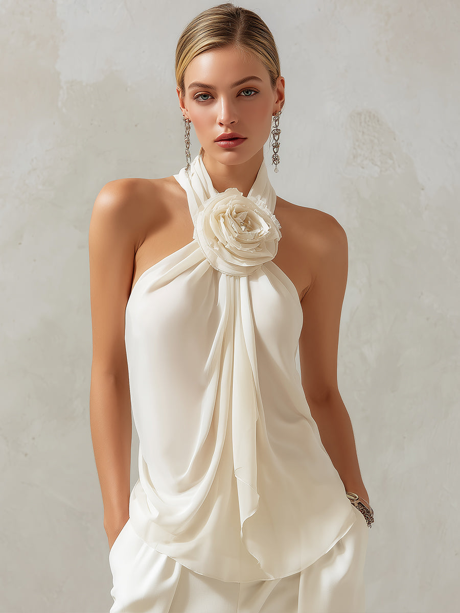 Ivory Halter Neck Draped Top With Floral Detail