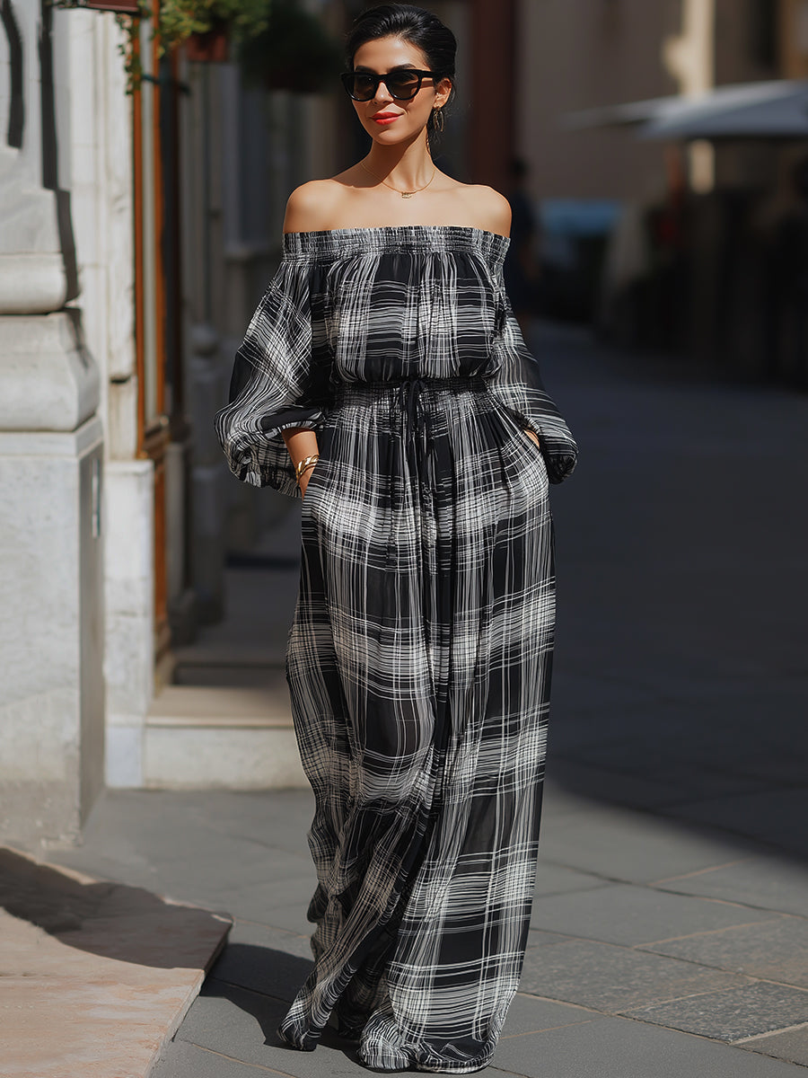 Elegant Off-the-Shoulder Plaid Maxi Dress
