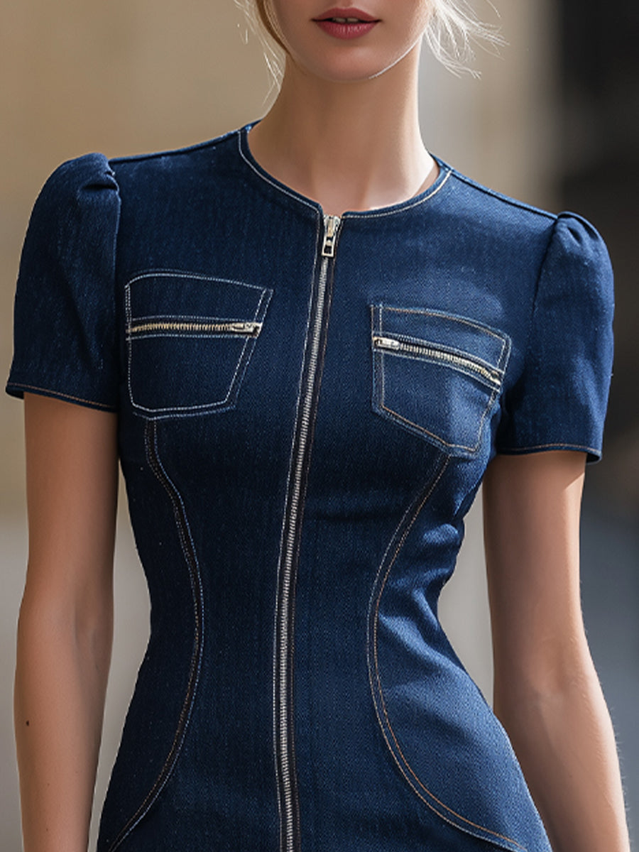 Indigo Hourglass Zip-Front Denim Mini Dress