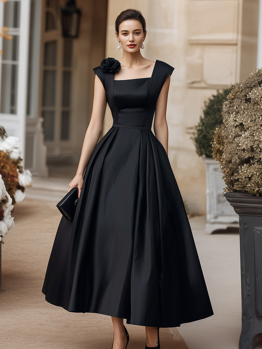 Square Neck Structured Midi Dress With Floral Shoulder Accent