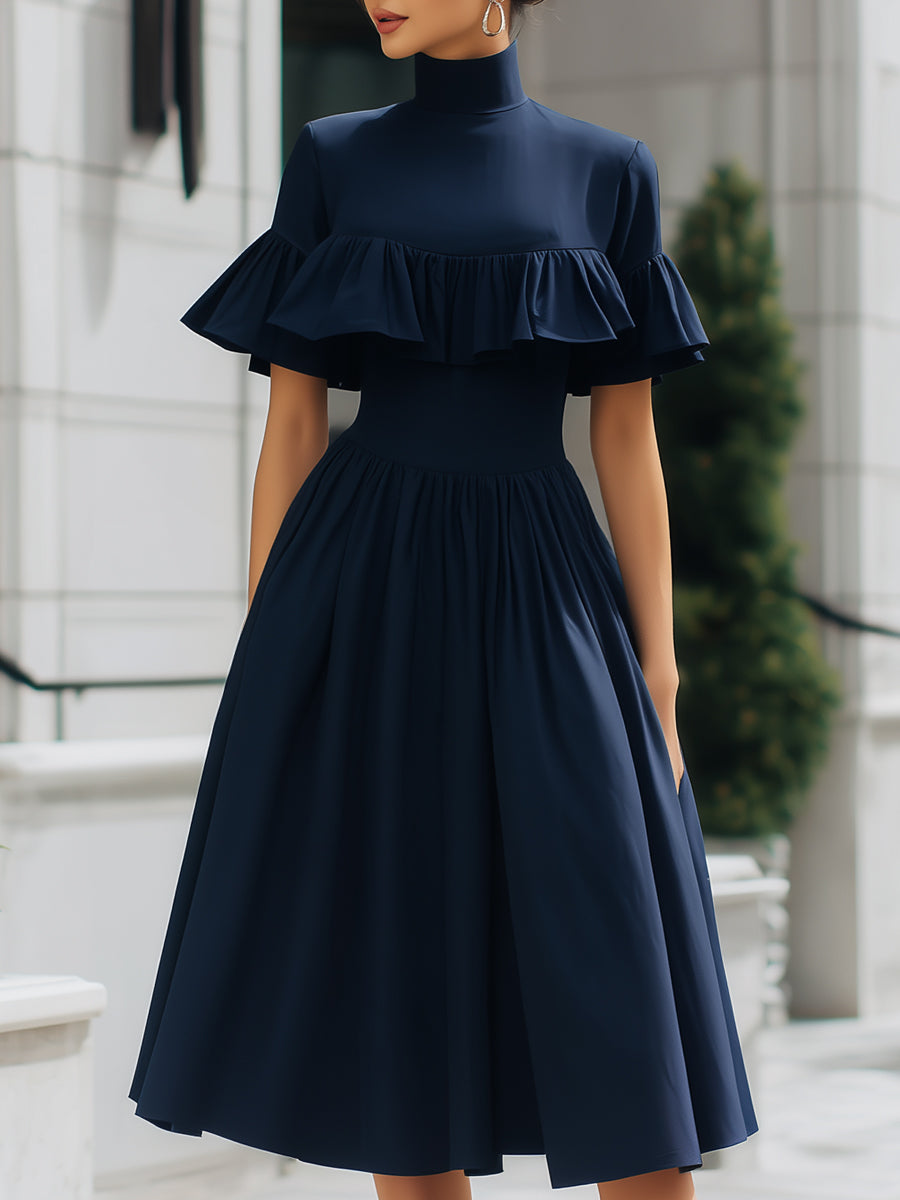 High-Neck Ruffle Fit-and-Flare Midi Dress