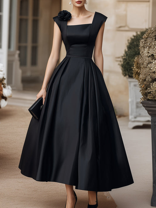 Square Neck Structured Midi Dress With Floral Shoulder Accent