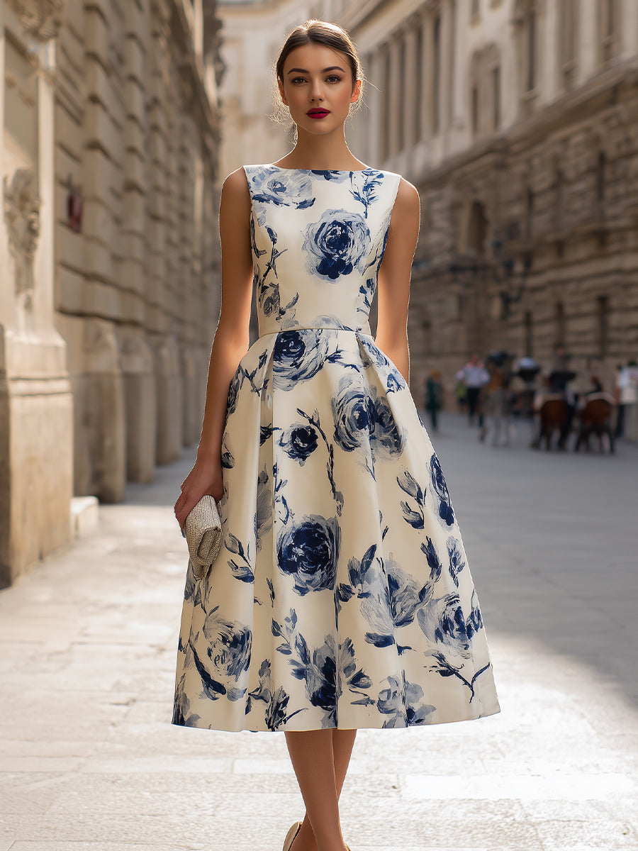 Sleeveless Floral A-Line Midi Dress