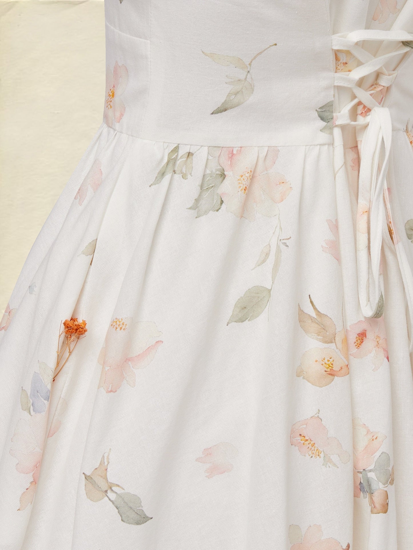 Midi Linen Dress, Short Sleeves, V Neck, Floral, Vintage, White