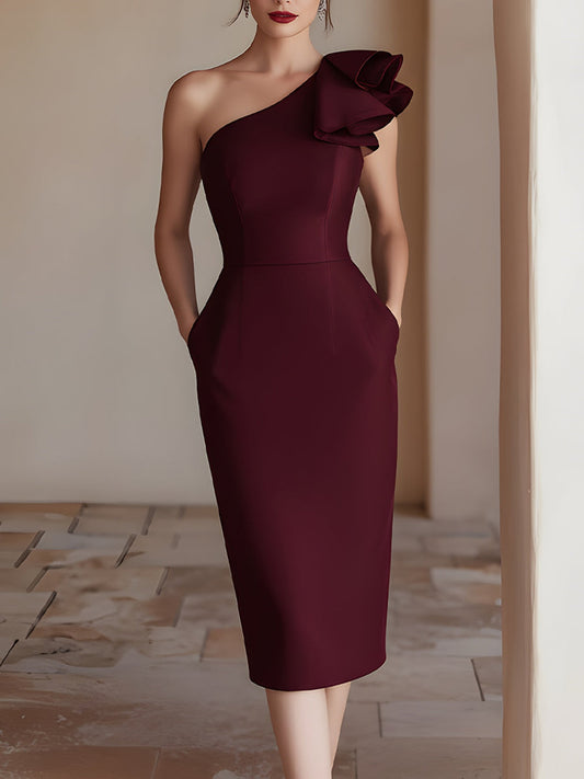 One-Shoulder Sculpted Midi Dress With Floral Detail