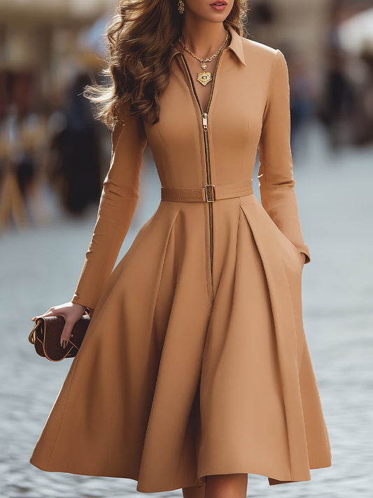 Elegant Zip-Up Fit And Flare Midi Dress