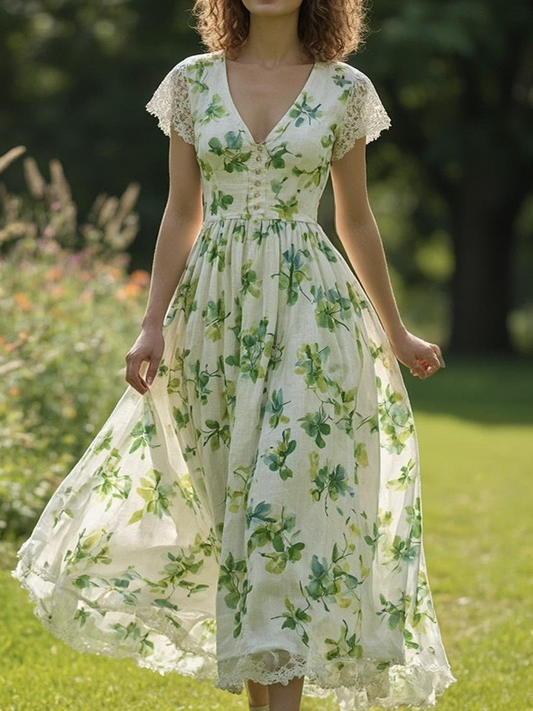 Linen Maxi Dress, Short Sleeve, V neck, Floral, Vintage, Green