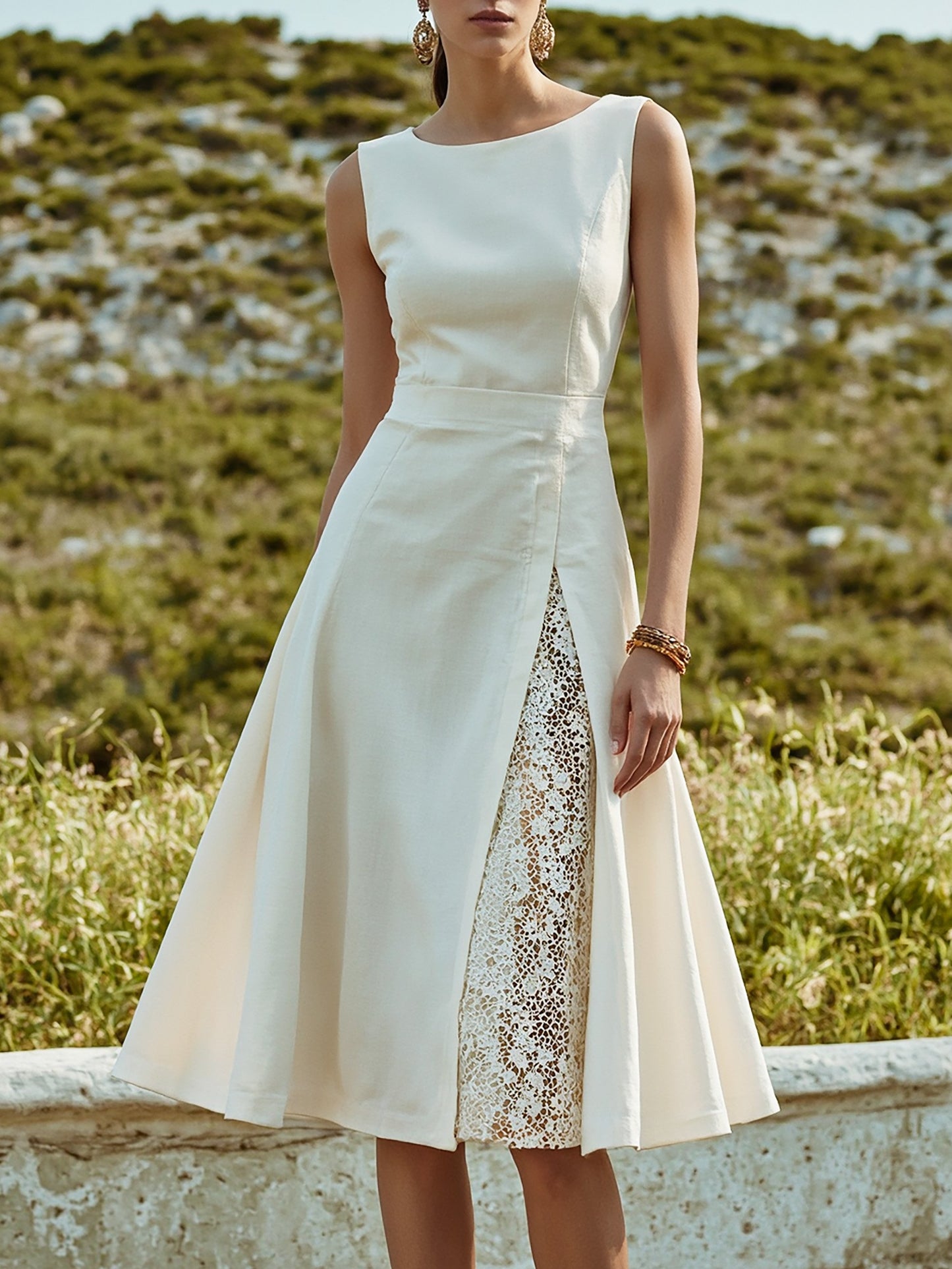 Midi Linen Dress , Sleeveless, Round Neck, Plain, Lace, French Vintage, White