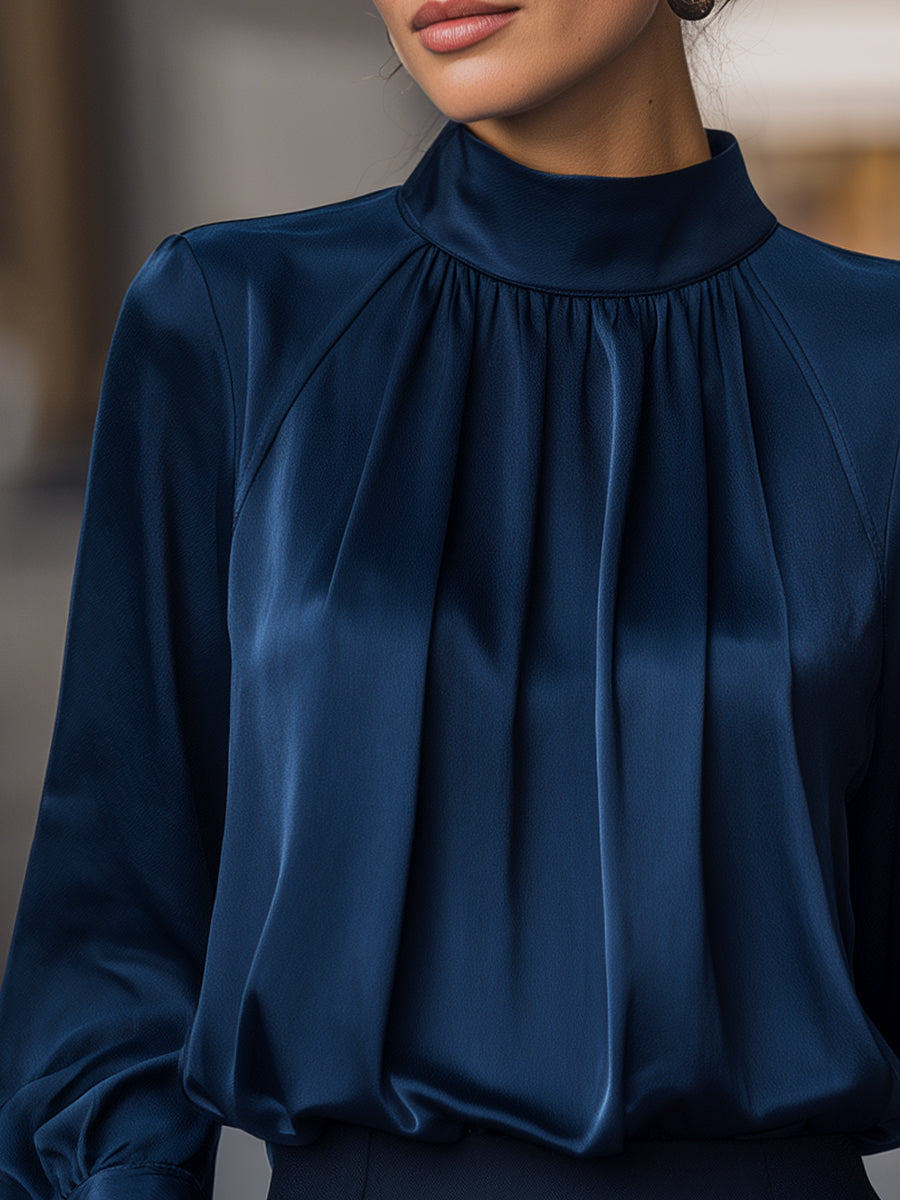 High-Neck Satin Pleated Long Sleeve Blouse
