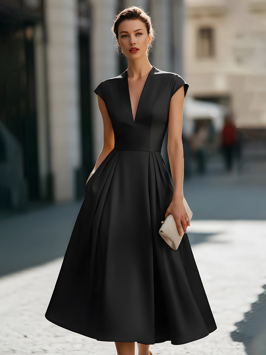 Cap-Sleeve Deep V-Neck Pleated Midi Dress