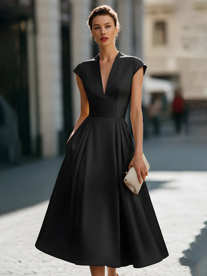 Cap-Sleeve Deep V-Neck Pleated Midi Dress
