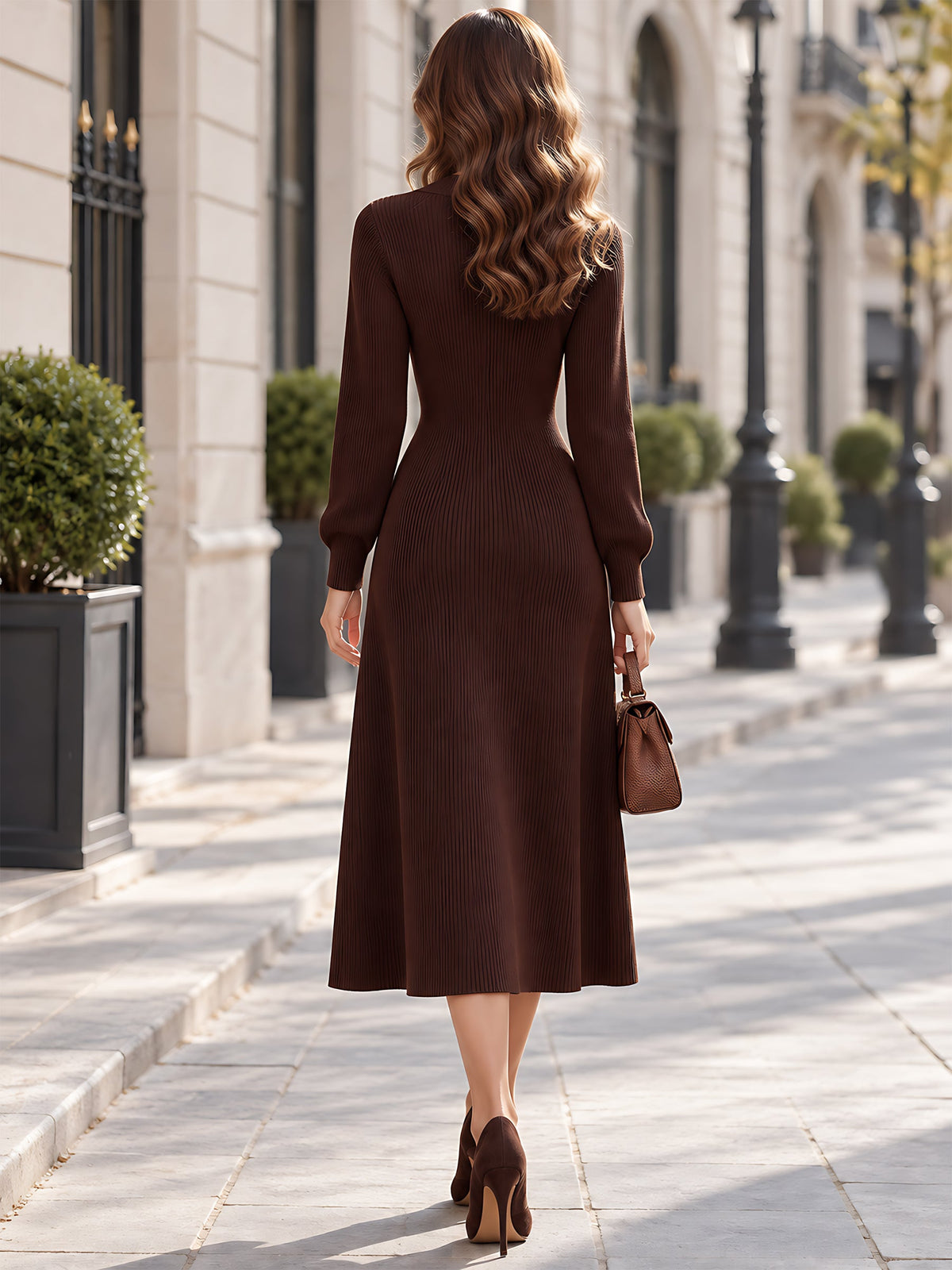 Ribbed Knit V-Neck Pocket Midi Dress