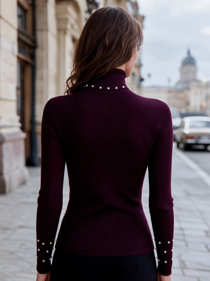 Pearl Embellished Ribbed Turtleneck Sweater