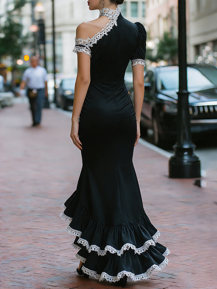 Elegant One-Shoulder Black Satin Dress With Lace Trim