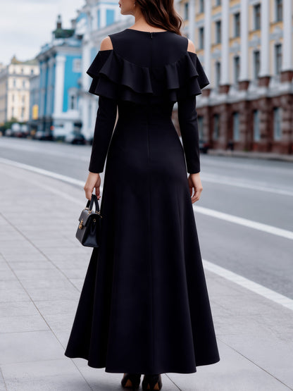 Elegant Cold Shoulder Ruffle Maxi Dress with Long Sleeves
