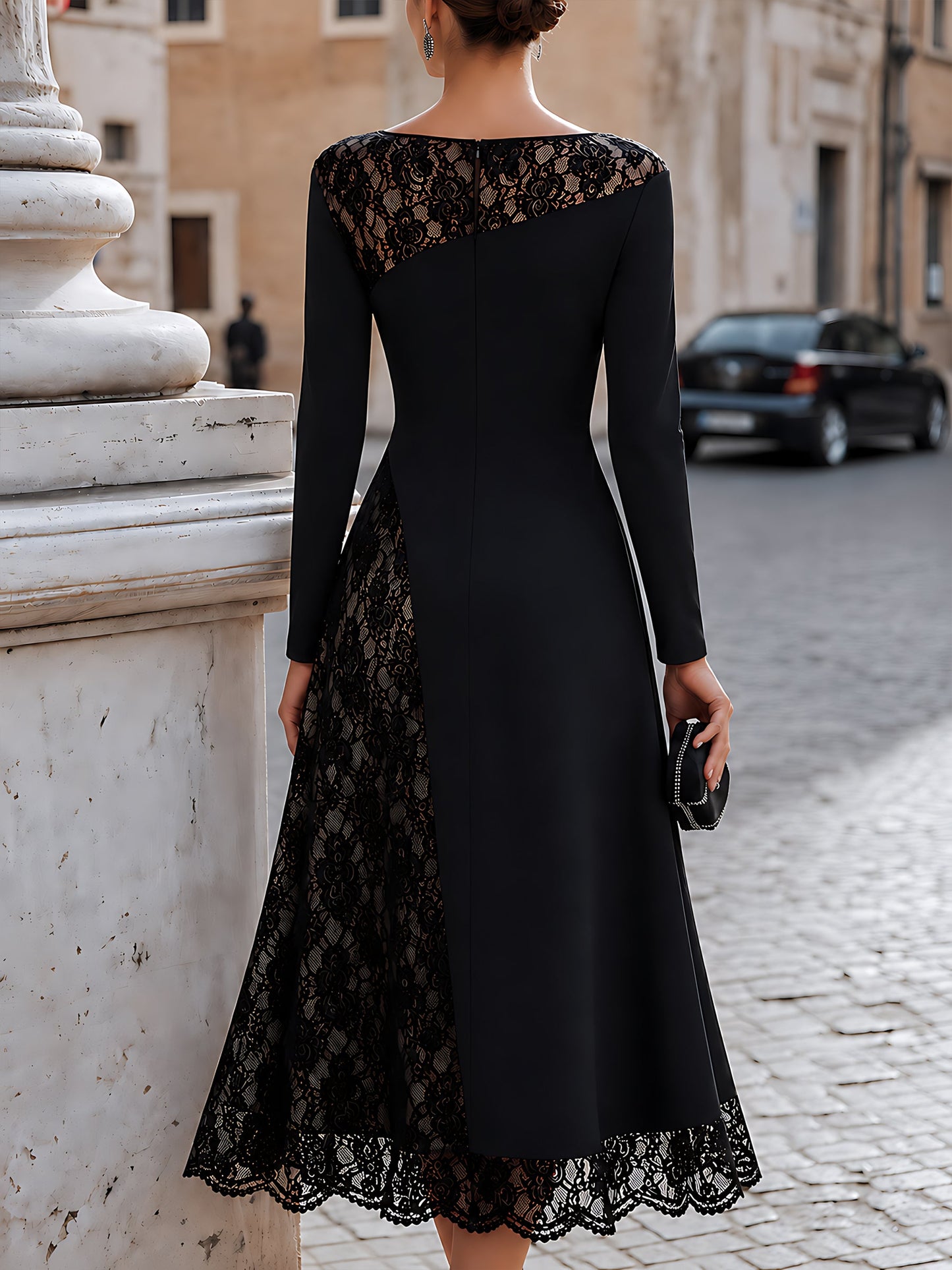 Lace Bow Asymmetric Midi Dress