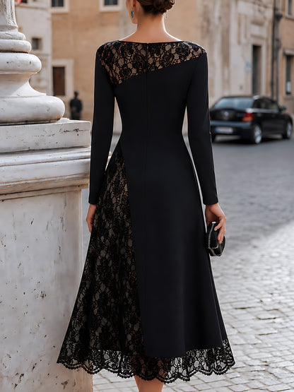 Lace Bow Asymmetric Midi Dress
