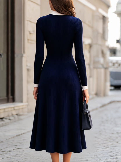 Ribbed Knit Bow-Collar A-Line Maxi Dress