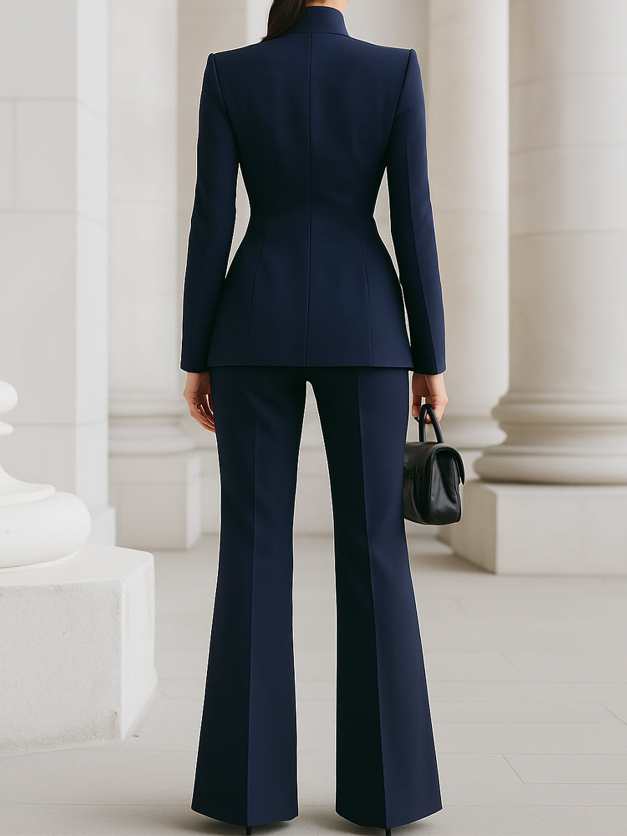 Sophisticated  High-Collar Blazer & Wide-Leg Trousers Set