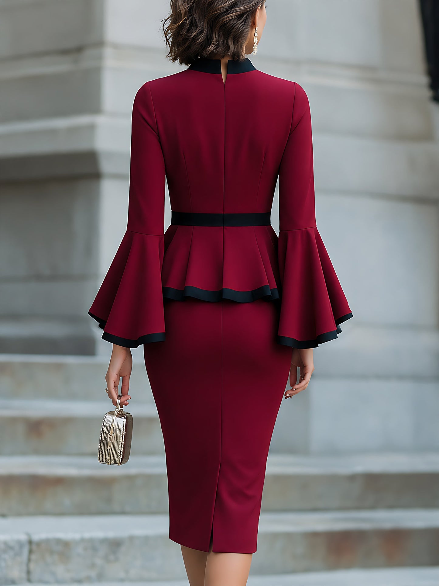 Bell-Sleeve Peplum Pencil Midi Dress