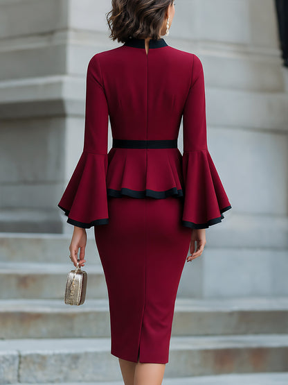 Bell-Sleeve Peplum Pencil Midi Dress