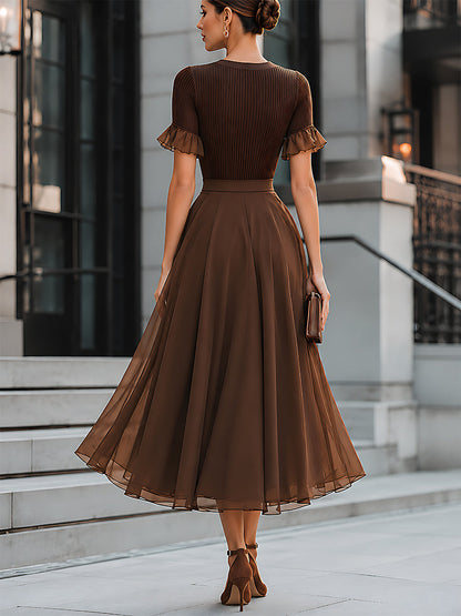 Ribbed Knit Ruffle-Sleeve Chiffon Midi Dress