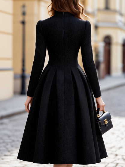 Tweed Stand Collar Tailored A-Line Midi Dress