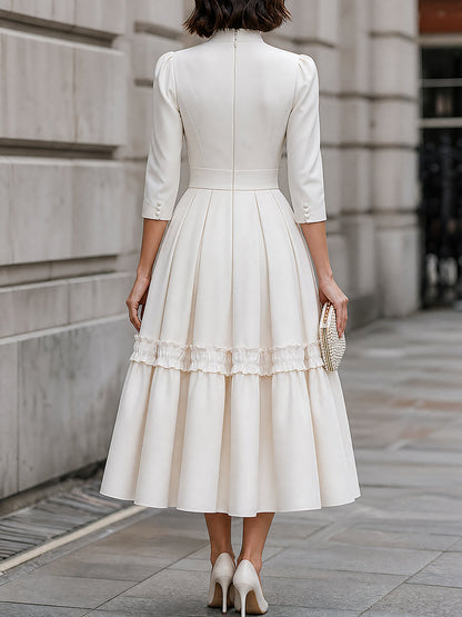 High-Neck Ruffle-Trim Pleated Midi Dress