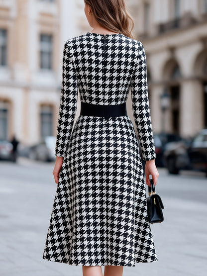 Houndstooth Bow Waist A-Line Midi Dress