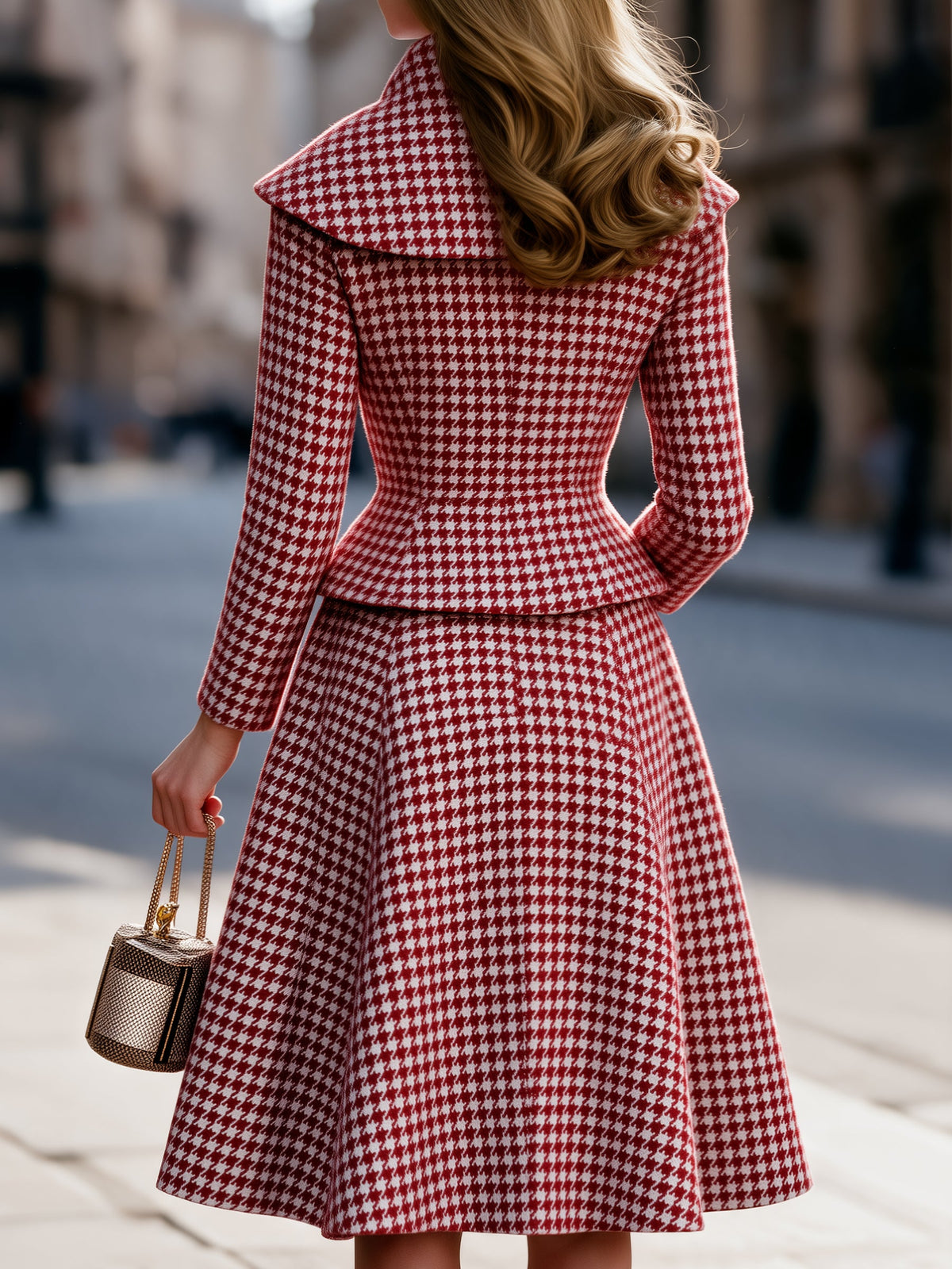 Houndstooth Tailored Jacket And A-Line Midi Skirt Two-Piece Set