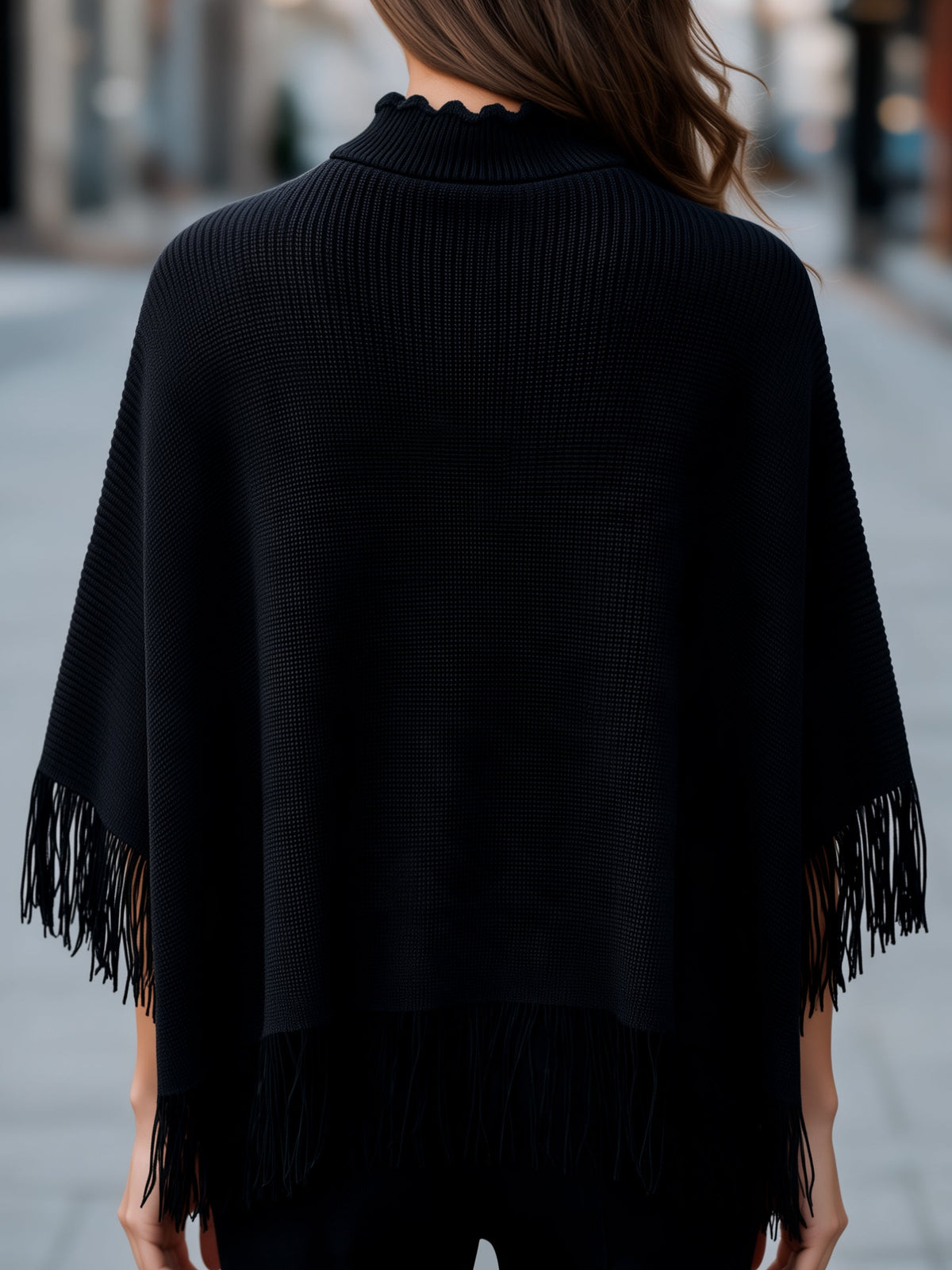 Fringe Trim High Neck Knit Cape Sweater