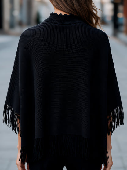 Fringe Trim High Neck Knit Cape Sweater